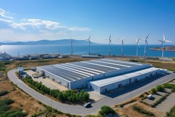 Crean energy solar cell on roof and Wind Turbine, mega factory, Generate with Ai