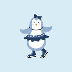 Winter sport. Activity in winter. Cartoon character of cute penguin. Penguin sledding.