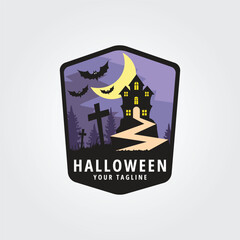 halloween logo icon design inspiration with bat, grave, road, moon and castle vector illustration