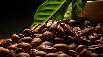 A Close-up view of roasted coffee beans and fresh red coffee cherry branch with fresh coffee