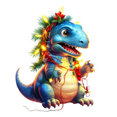 Obraz premium Cute T-Rex With Christmas Lights Clipart, Christmas T Rex Dinosaur Transparent Designs