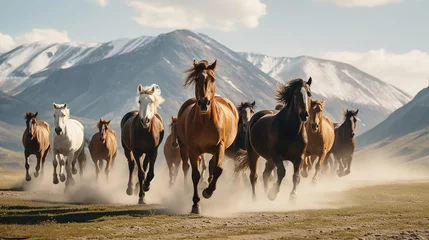 Foto op Canvas A herd of wild horses is running. Side view, a wild horse is running powerfully in front of the herd, the leader looks back at his subordinate. Natural background and mountains © Phoophinyo