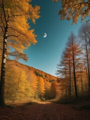 In the autumn forest with the moon visible