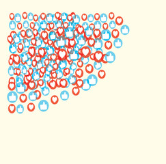 Thumbs up and heart icon on a white background. social media icon. vector illustration. Social network marketing like and heart icon. Application social media background advertising.