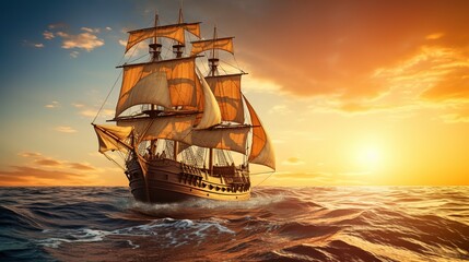 A Side view of an ancient junk ship, side view of a golden ancient junk ship sailing in the ocean, a big elegant ancient junk ship dancing in the middle of the sea - obrazy, fototapety, plakaty