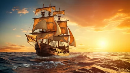 Tuinposter A Side view of an ancient junk ship, side view of a golden ancient junk ship sailing in the ocean, a big elegant ancient junk ship dancing in the middle of the sea © Phoophinyo
