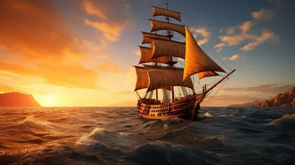 Poster A Side view of an ancient junk ship, side view of a golden ancient junk ship sailing in the ocean, a big elegant ancient junk ship dancing in the middle of the sea © Phoophinyo