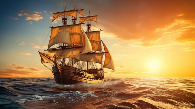 A Side view of an ancient junk ship, side view of a golden ancient junk ship sailing in the ocean, a big elegant ancient junk ship dancing in the middle of the sea