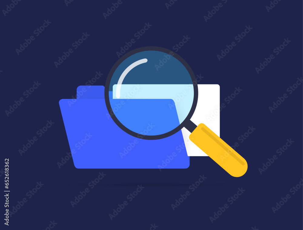 Poster file search with magnifying glass icon. business document archive and directory concept. vector illu