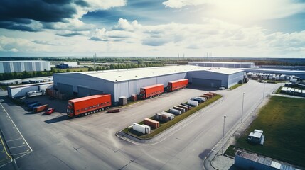 Aerial view of industrial structure, large factory with lots of space and parking lot with large cargo vehicles - Powered by Adobe