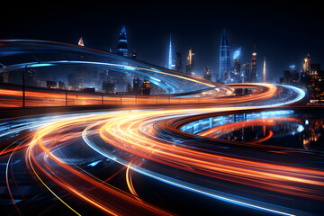Fototapeta na wymiar Light abstract speed motion in urban highway road, night scene. Speeding sports car on neon highway. long exposure red, blue, green, orange. Generative Ai