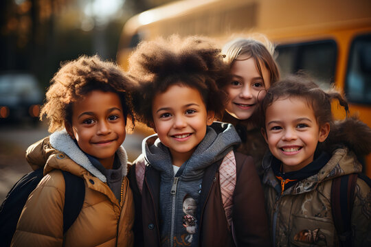 Group Of Adorable Elementary School Children In Front Of The School Bus. Generative Ai