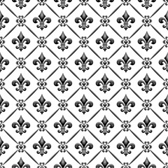 Vector Fleur de Lis Seamless Pattern, repeating background with illustrations of lattice pattern and fleur de lis symbols in rhombus cells, square poster with gray french ornament on white background - obrazy, fototapety, plakaty