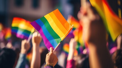 People holding up pride flags - obrazy, fototapety, plakaty