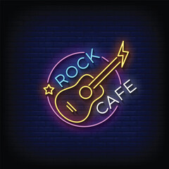 Neon Sign rock cafe with brick wall background vector