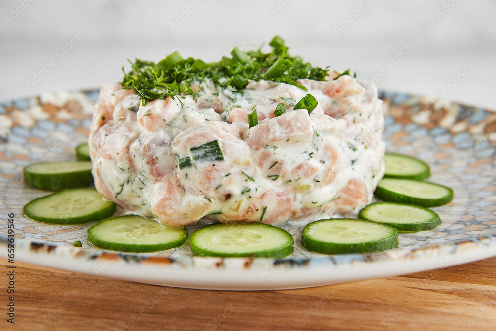 Canvas Prints Salmon tartare with cheese, zucchini and herbs