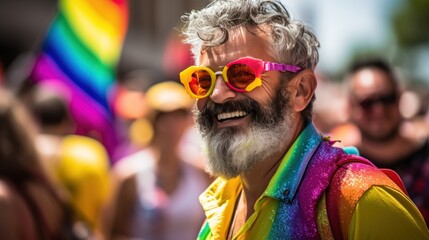 Man at pride parade, wearing colorful festive clothes 