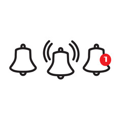 Set of Notification Bells and Concept Line Icons. Ringing Doorbells Outline Icons for Mobile Phone App. Bell with Red Button. Notice Symbol on Smartphone. Isolated Vector Illustration.