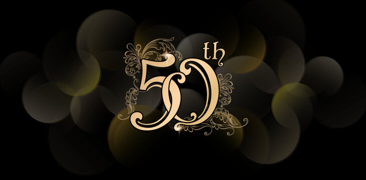 50th Floral ornamental designs lettering numbers Years Anniversary Celebration Golden Color Bokeh Background Illustration for User interface experience designs, event stationery, Branding and identity