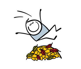 Doodle cheerful stickman jumps into a pile of yellow leaves from a running start. Vector illustration of autumn entertainment for cartoon kids after leaf fall.