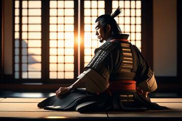 a japanese samurai sitting in a japanese castle looking straight ahead with his back to the sunset Generative ai