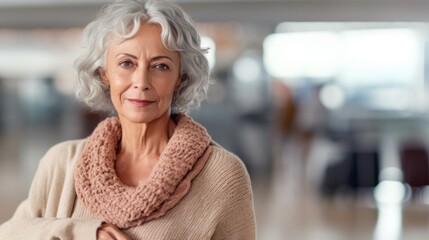 Stylish senior woman in neutral attire at the airport.