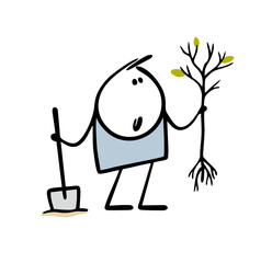 Cartoon young gardener holds a sapling of a tree with green leaves in his hand and digs with shovel. Vector illustration of stickman working in the garden.
