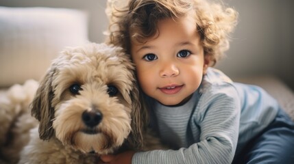Closeup portrait of a multicultural boy and his dog in a room.