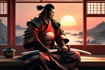 a japanese samurai sitting in a japanese castle with his back to the sunset sea outside the window Generative ai