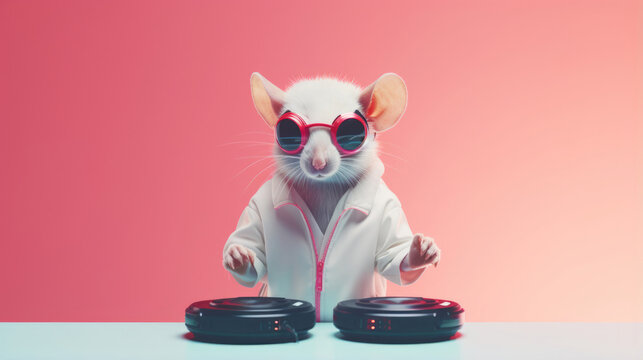 A stylish mouse in shades and earbuds,  spinning tunes on a tiny DJ set