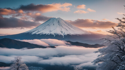 Snowy Serenity: Majestic Winter Landscape of Japan's Snow-Capped Mount Fuji