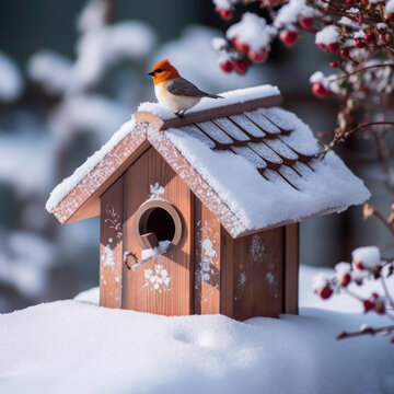 A birdhouse with a cardinal perched on it and snow
