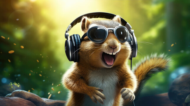 A cheerful chipmunk wearing sunglasses and earphones,  grooving on a log - Powered by Adobe