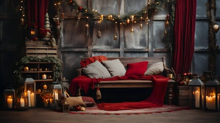 Christmas room interior design boho style. Bright living room adorned with festive Christmas decorations. hyper-realistic photography.  Generative AI