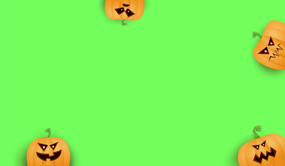 Halloween Horizontal web Banner or poster with Halloween scary pumpkins isolated on green screen background. Funky kids Halloween background with space for text