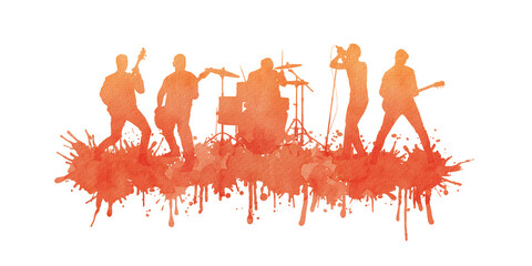 Watercolor silhouette musical group or rock band playing a concert