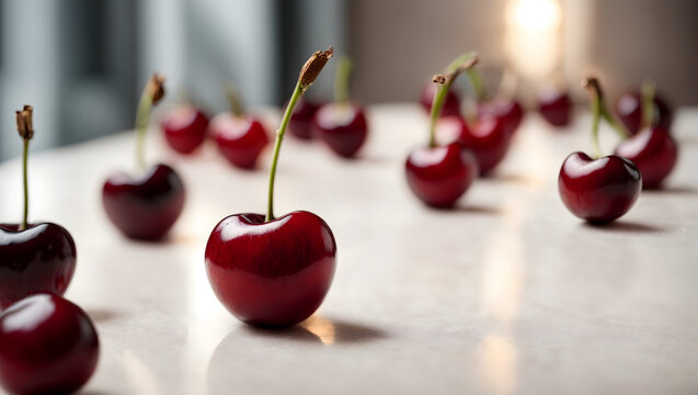 macro photo of a dark red cherry on a cyan table, shine on the cherries, 8k, lots of light, bokeh