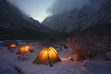 Snow camp at night in mountains. Generate Ai