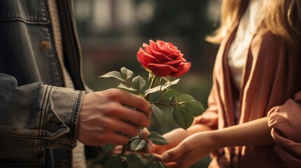 Un hombre entregando una flor rosa a su esposa