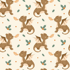 Seamless pattern with cute fire-breathing dragon and mistletoe leaves in cartoon style.