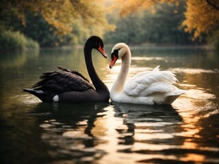 Beautiful black swan and white swan, vintage style