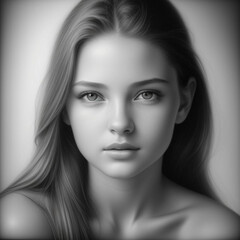 Fototapeta premium Monochrome detailed graphite pencil drawing, portrait of a beautiful young woman. Generative AI