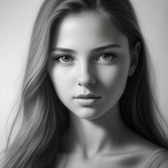 Fototapeta premium Monochrome detailed graphite pencil drawing, portrait of a beautiful young woman. Generative AI