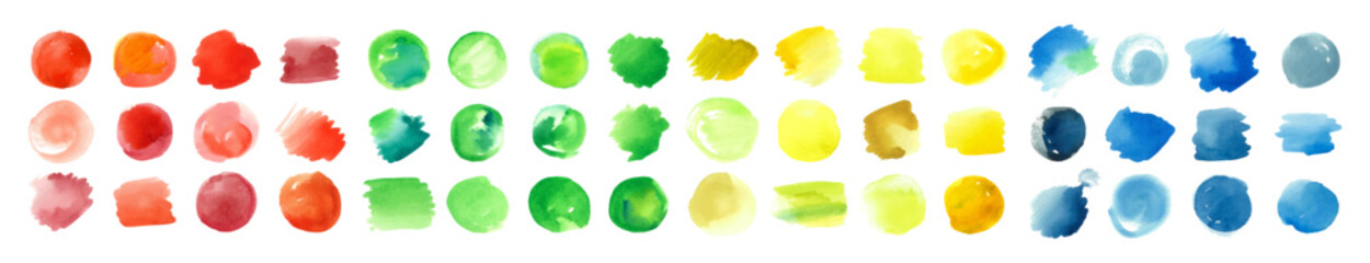 Vector watercolor brush painted circles. Colorful stains, splashes, daubs. Watercolor texture round blots collection. Red, yellow, blue and green color organic shape spots isolated on white background