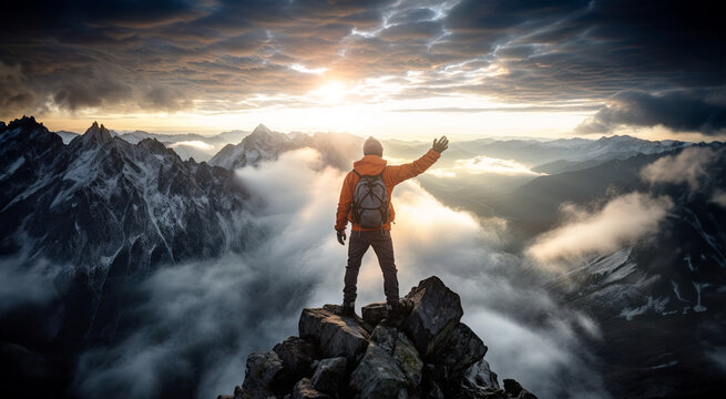 Man standing on a top of a mountain with the sunrise.