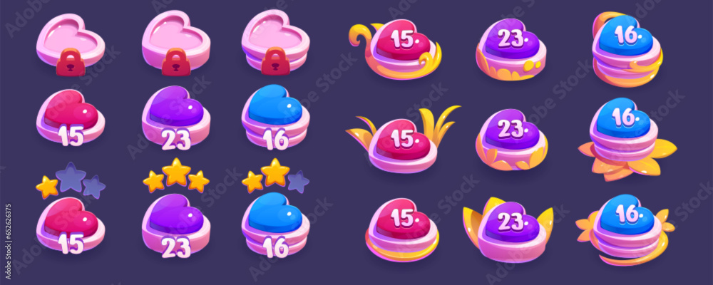 Poster heart shaped indicators to select game level. gui romantic pointers - locked, in progress and comple