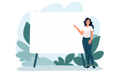 Flat vector illustration. Girl standing in front of a large banner and giving a presentation. There is space for your text on the banner. . Vector illustration