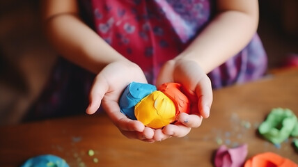 Child Hands Playing with Colorful Clay