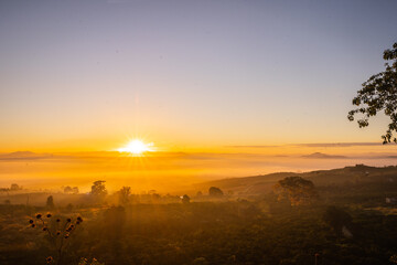Dawn with red sun and morning dew