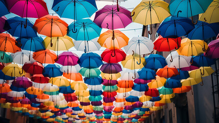 Fototapeta na wymiar Amazing Street Decoration Colorful Umbrellas Background